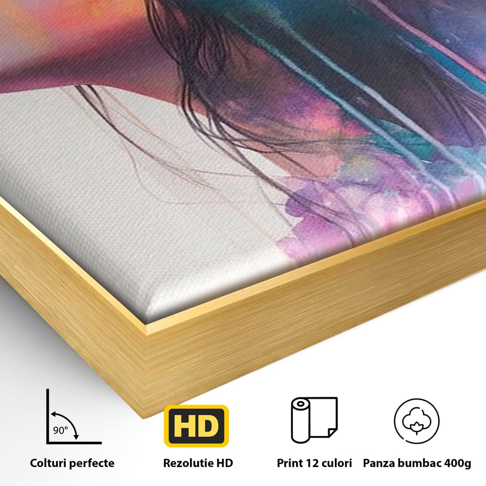 Detaliu al suprafetei: tablou canvas cu profil de femeie si flori, in rama de aluminiu auriu