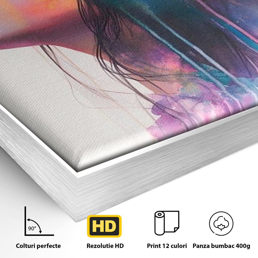 Detaliu al suprafetei: tablou canvas cu profil de femeie si flori, in rama de aluminiu argintiu