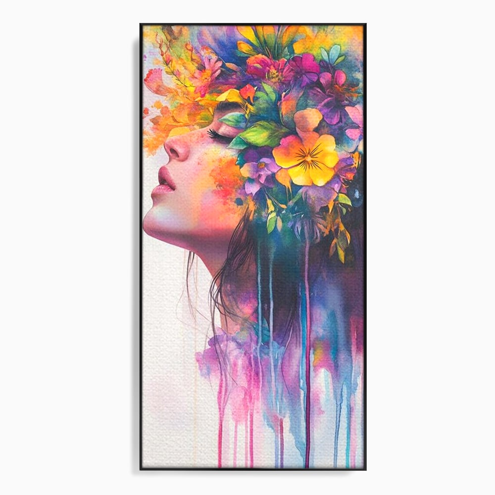 Tablou canvas cu tablou canvas cu profil de femeie si flori, in rama de aluminiu negru