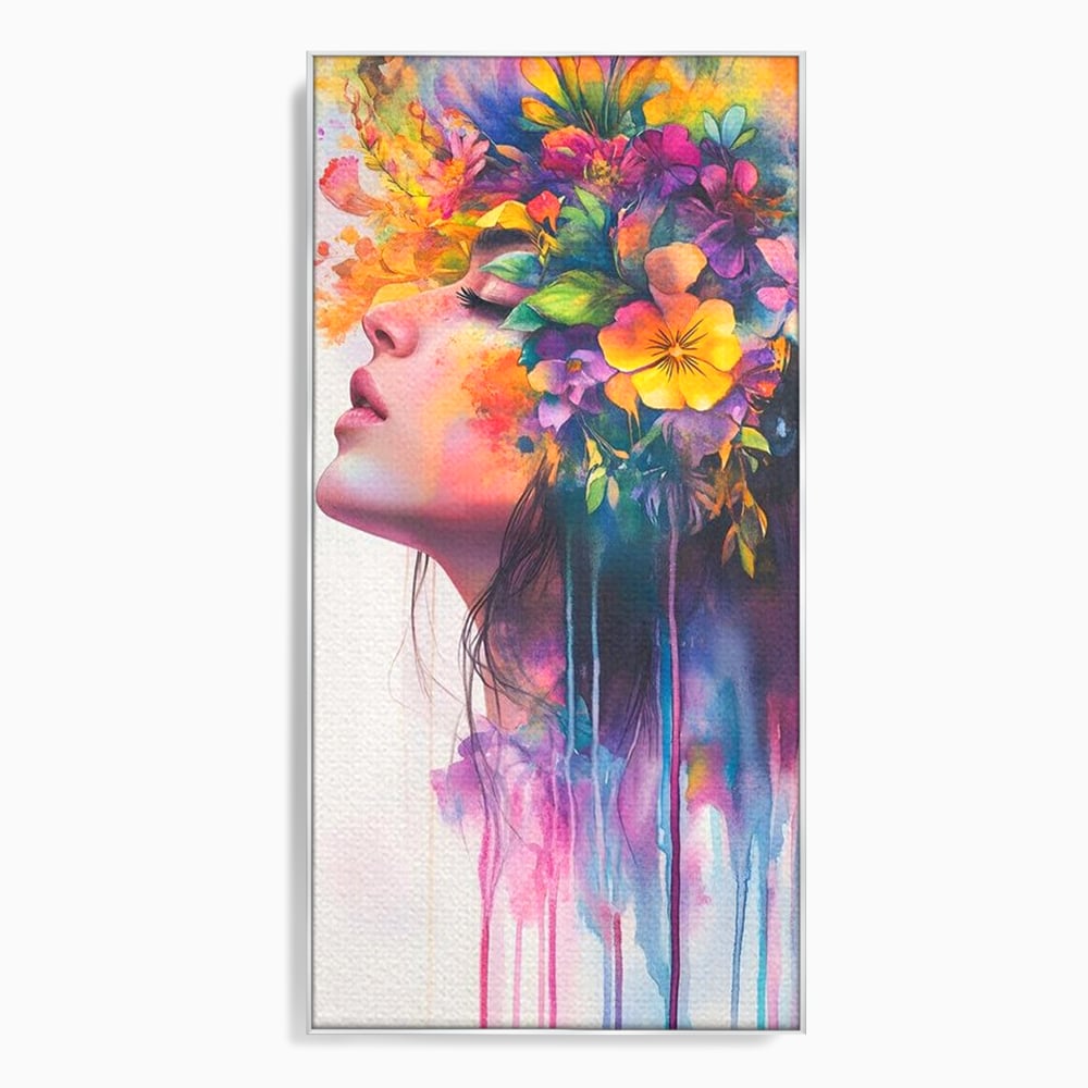 Tablou canvas cu tablou canvas cu profil de femeie si flori, in rama de aluminiu argintiu