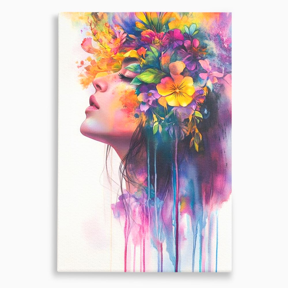 Tablou canvas cu tablou canvas cu profil de femeie si flori, fara rama, pe sasiu de lemn