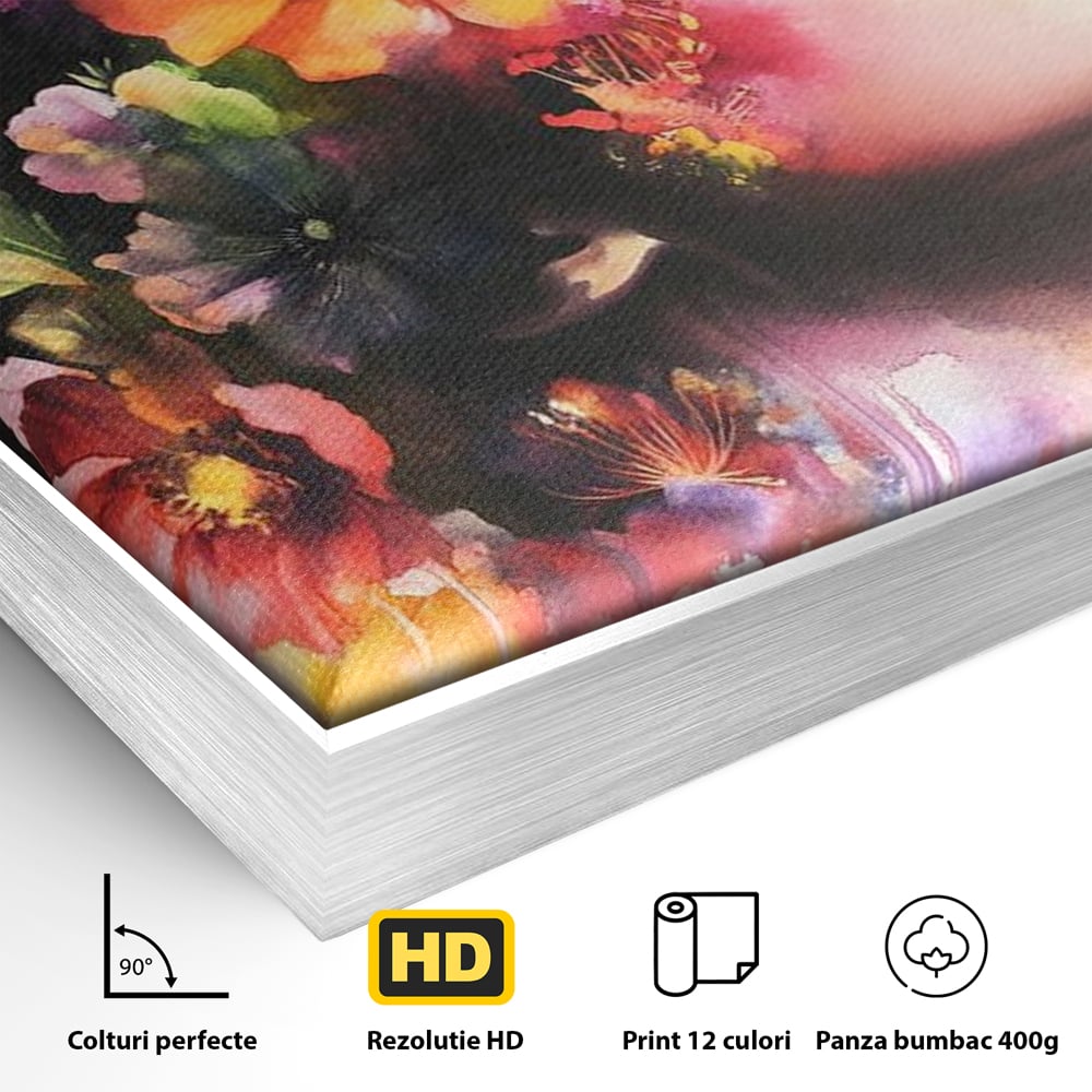 Detaliu al suprafetei: pictura profil femeie cu flori, in rama de aluminiu argintiu