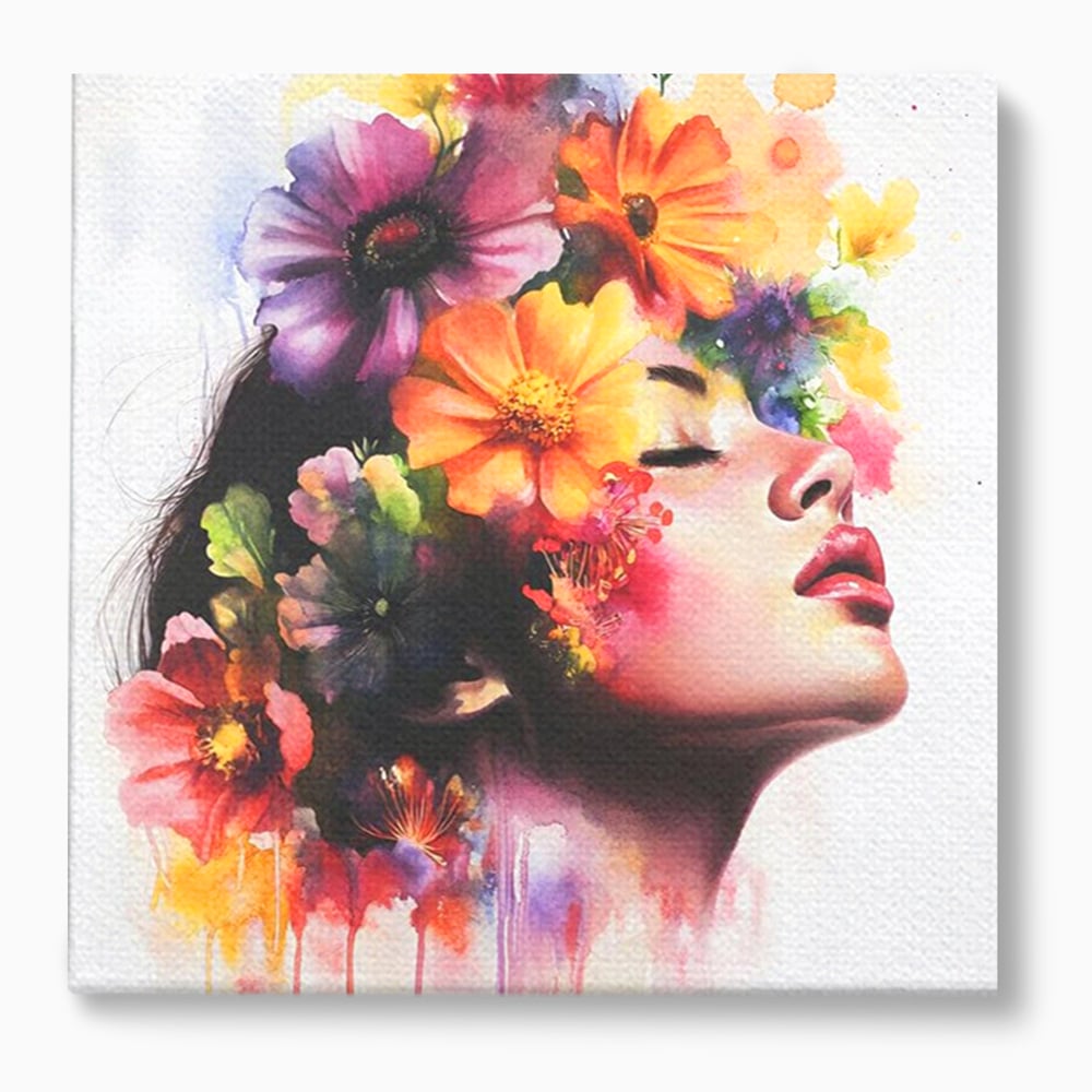 Tablou canvas cu pictura profil femeie cu flori, fara rama, pe sasiu de lemn