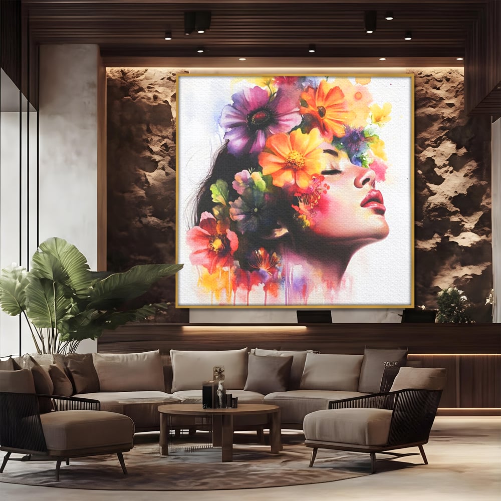 Tablou canvas cu pictura profil femeie cu flori, in rama de aluminiu auriu, pe perete intr-un birou