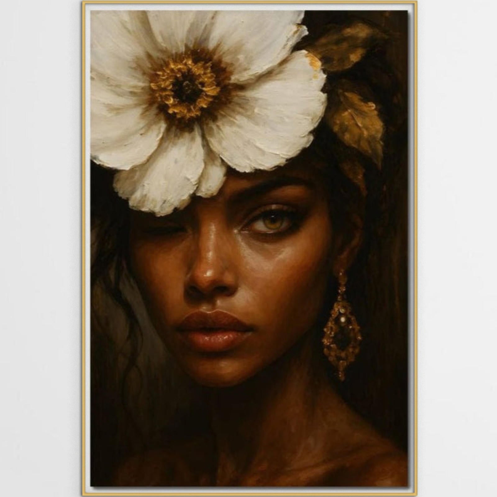 Tablou Canvas Premium, LuxCanva® G1138, Ocrotitoarea Petalelor, Zeita, Gratie, Privire, Magie, Frumusete, Misterioasa, Flori, Noblete, Contrast, Bijuterii, Birou, Living