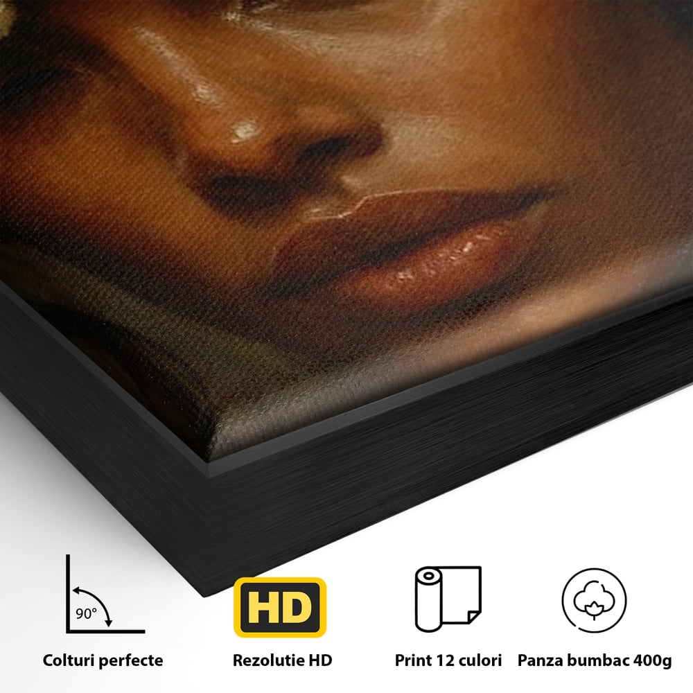 Detaliu al suprafetei: tablou canvas cu portret de femeie si floare alba, in rama de aluminiu negru