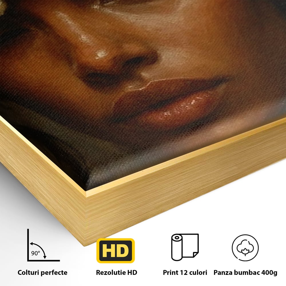 Detaliu al suprafetei: tablou canvas cu portret de femeie si floare alba, in rama de aluminiu auriu