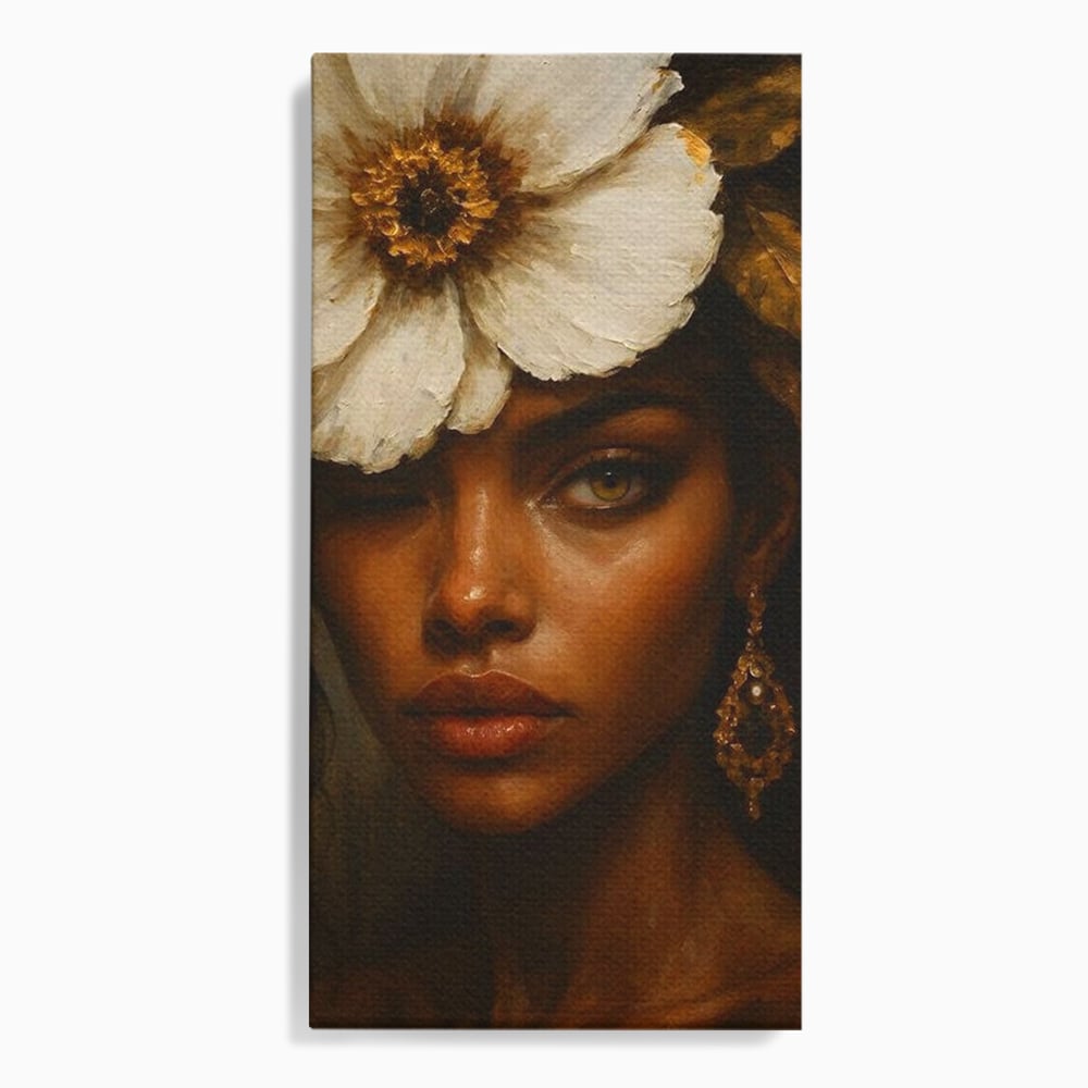 Tablou canvas cu tablou canvas cu portret de femeie si floare alba, fara rama, pe sasiu de lemn
