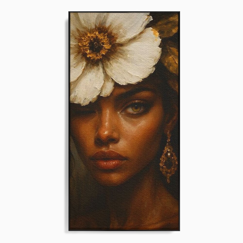 Tablou canvas cu tablou canvas cu portret de femeie si floare alba, in rama de aluminiu negru