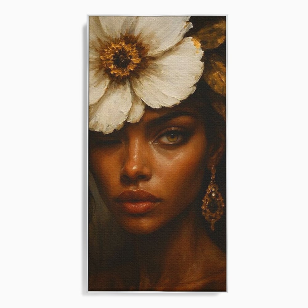 Tablou canvas cu tablou canvas cu portret de femeie si floare alba, in rama de aluminiu argintiu
