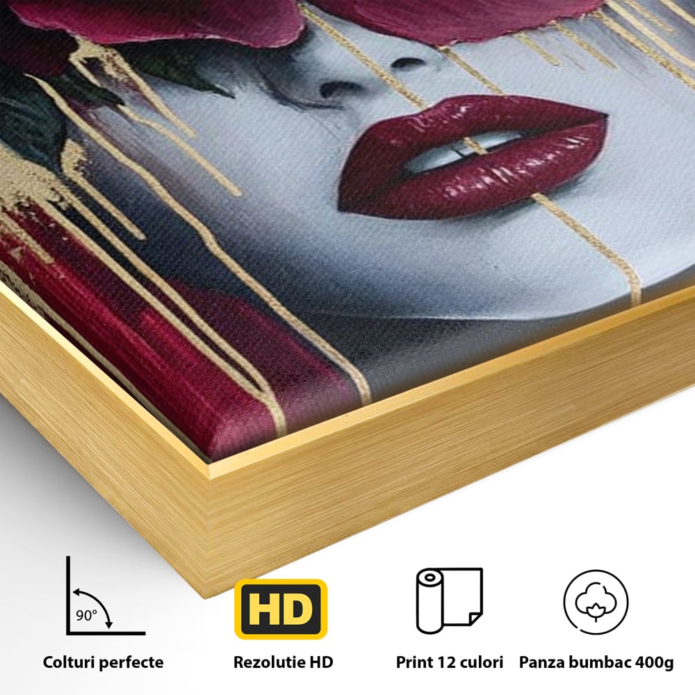 Detaliu al suprafetei: tablou canvas cu chip de femeie si floare, in rama de aluminiu auriu