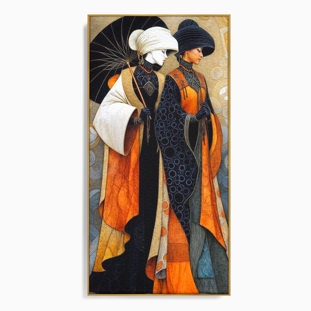 Tablou canvas cu tablou canvas cu doua femei asiatice stilizate, in rama de aluminiu auriu