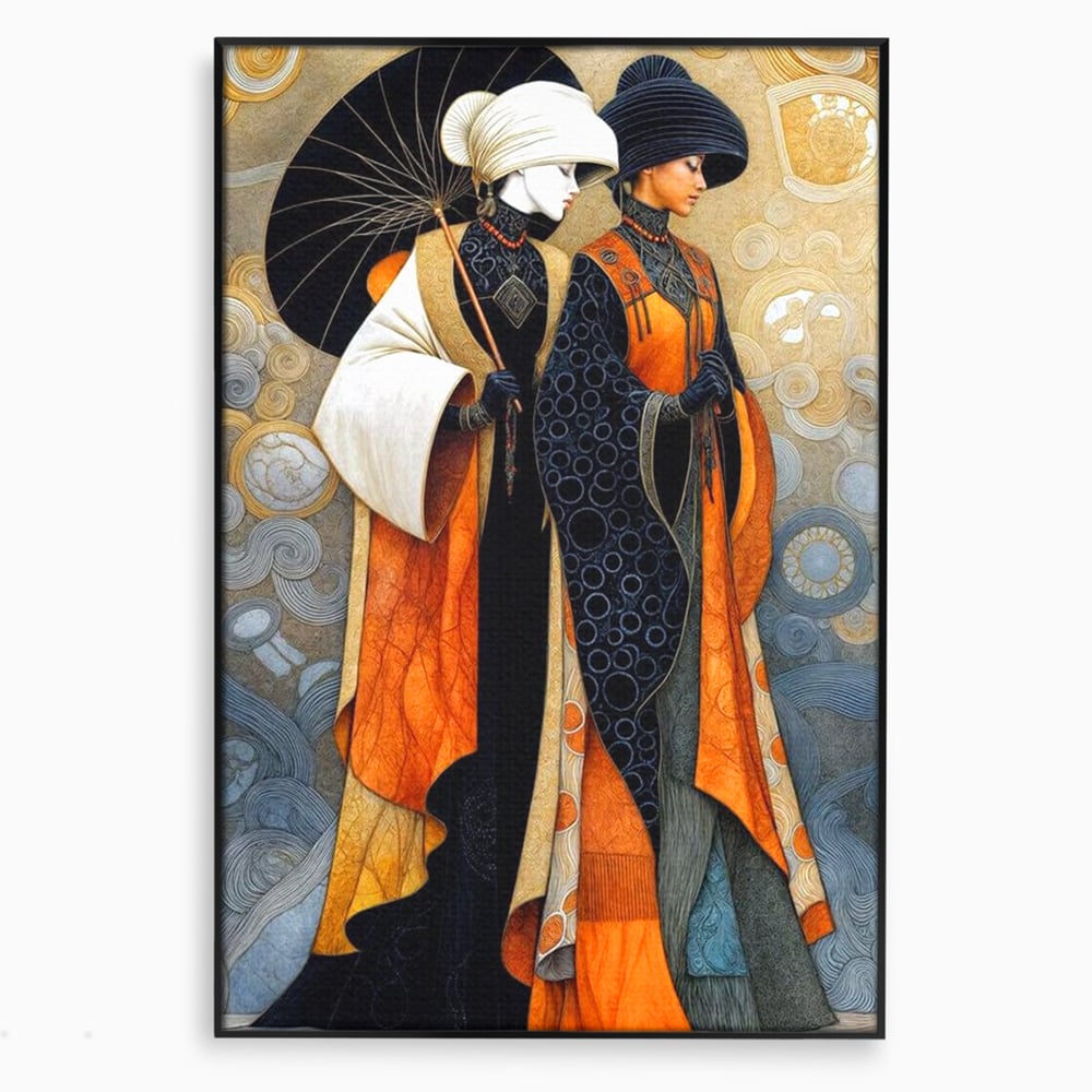 Tablou canvas cu tablou canvas cu doua femei asiatice stilizate, in rama de aluminiu negru