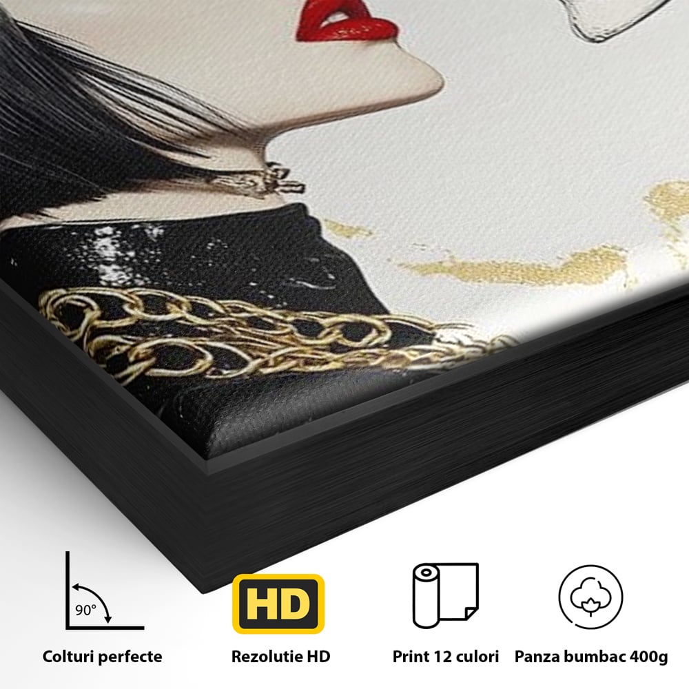 Detaliu al suprafetei: ilustratie digitala cu femeie si craniu, in rama de aluminiu negru