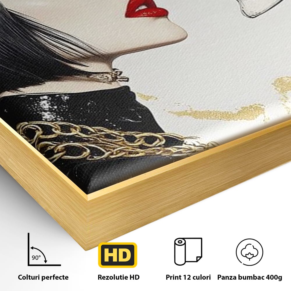 Detaliu al suprafetei: ilustratie digitala cu femeie si craniu, in rama de aluminiu auriu