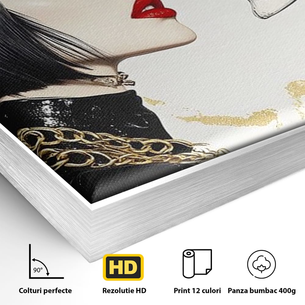 Detaliu al suprafetei: ilustratie digitala cu femeie si craniu, in rama de aluminiu argintiu