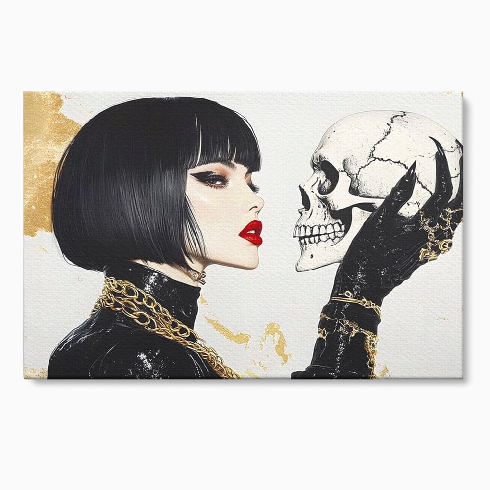 Tablou canvas cu ilustratie digitala cu femeie si craniu, fara rama, pe sasiu de lemn