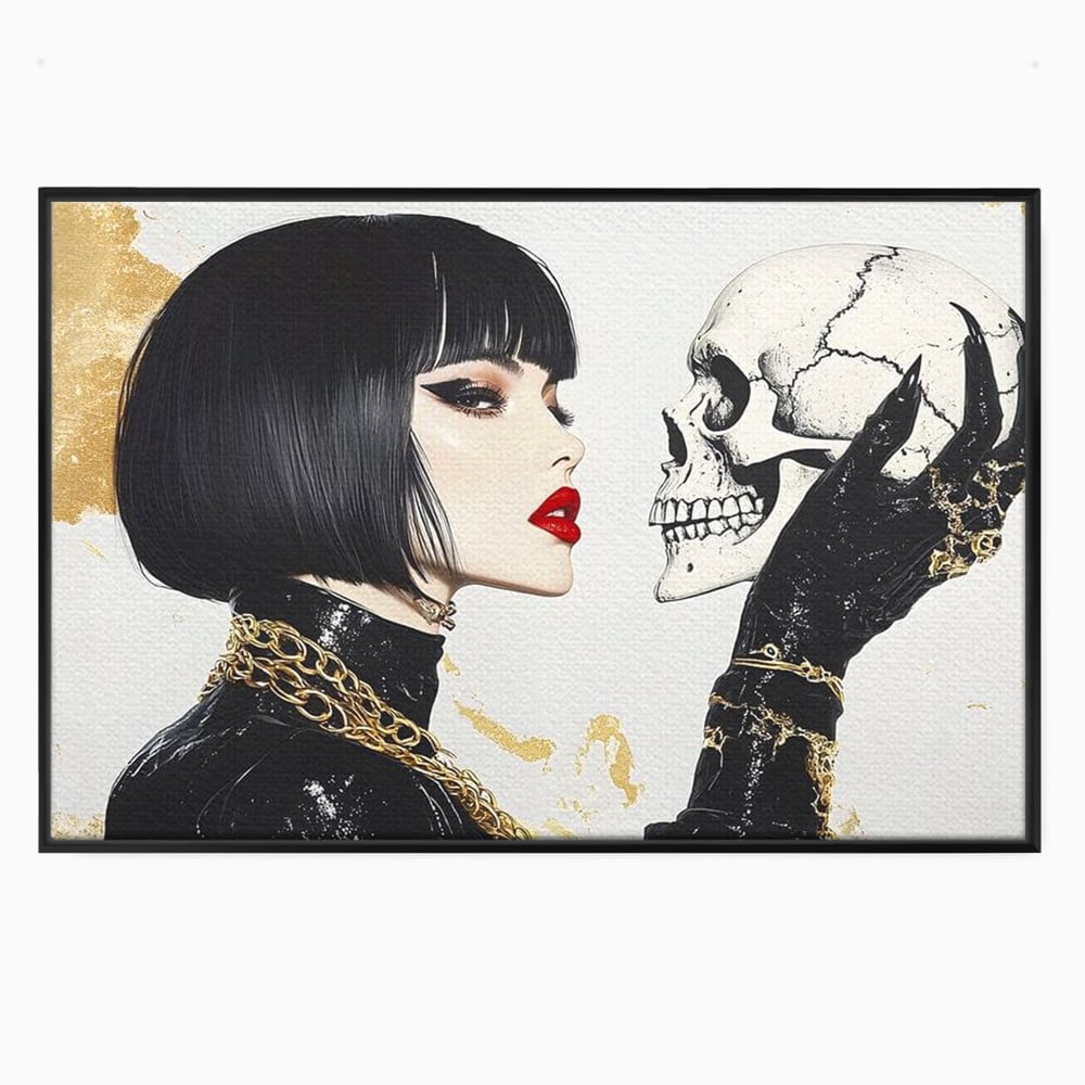 Tablou canvas cu ilustratie digitala cu femeie si craniu, in rama de aluminiu negru