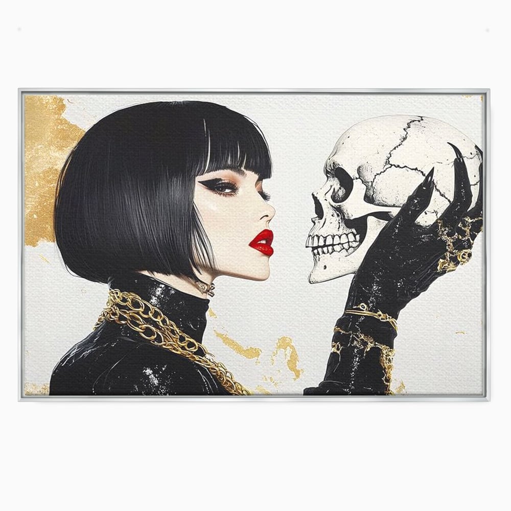 Tablou canvas cu ilustratie digitala cu femeie si craniu, in rama de aluminiu argintiu
