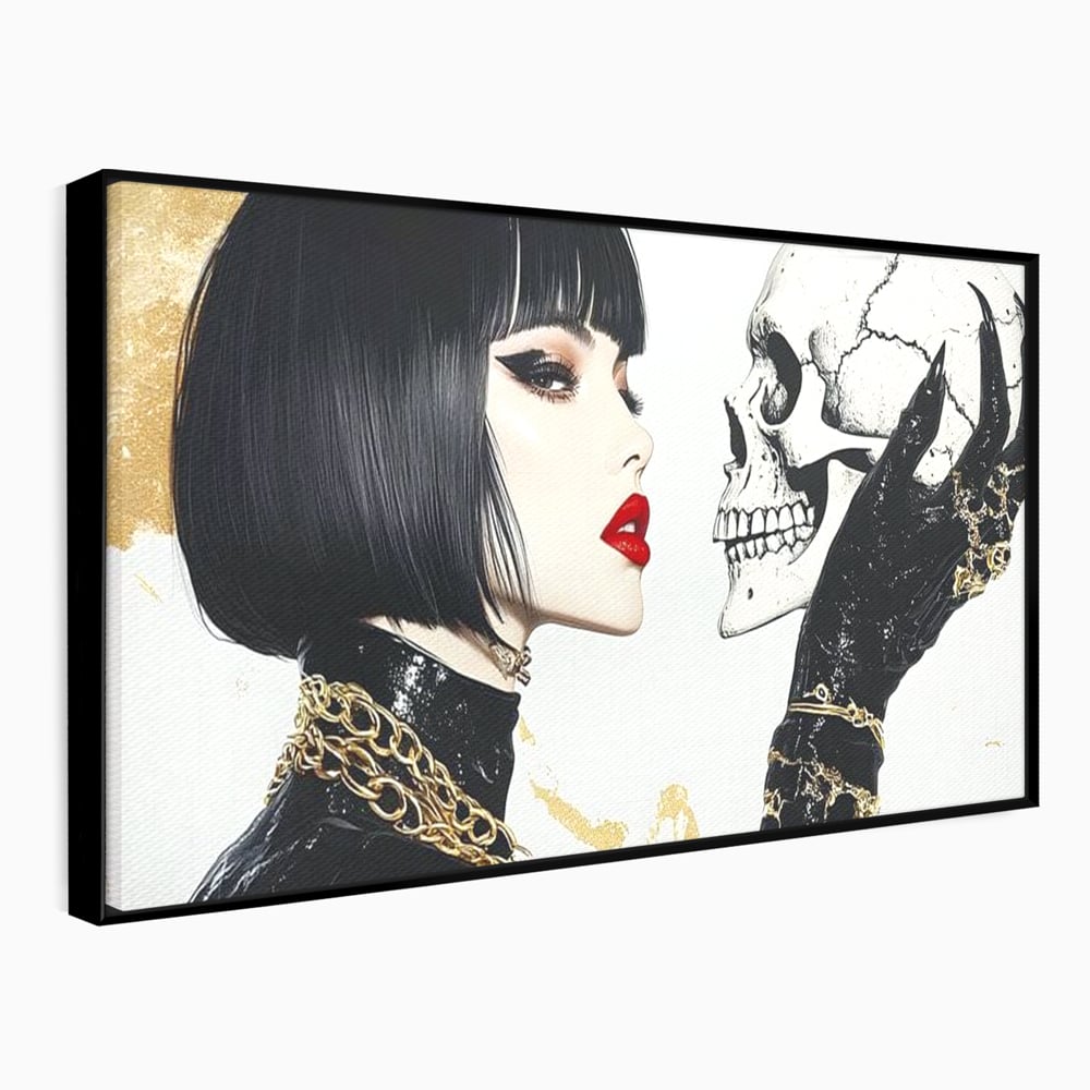 Tablou canvas cu ilustratie digitala cu femeie si craniu, in rama de aluminiu negru