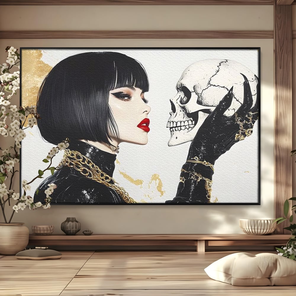 Tablou canvas cu ilustratie digitala cu femeie si craniu, in rama de aluminiu negru