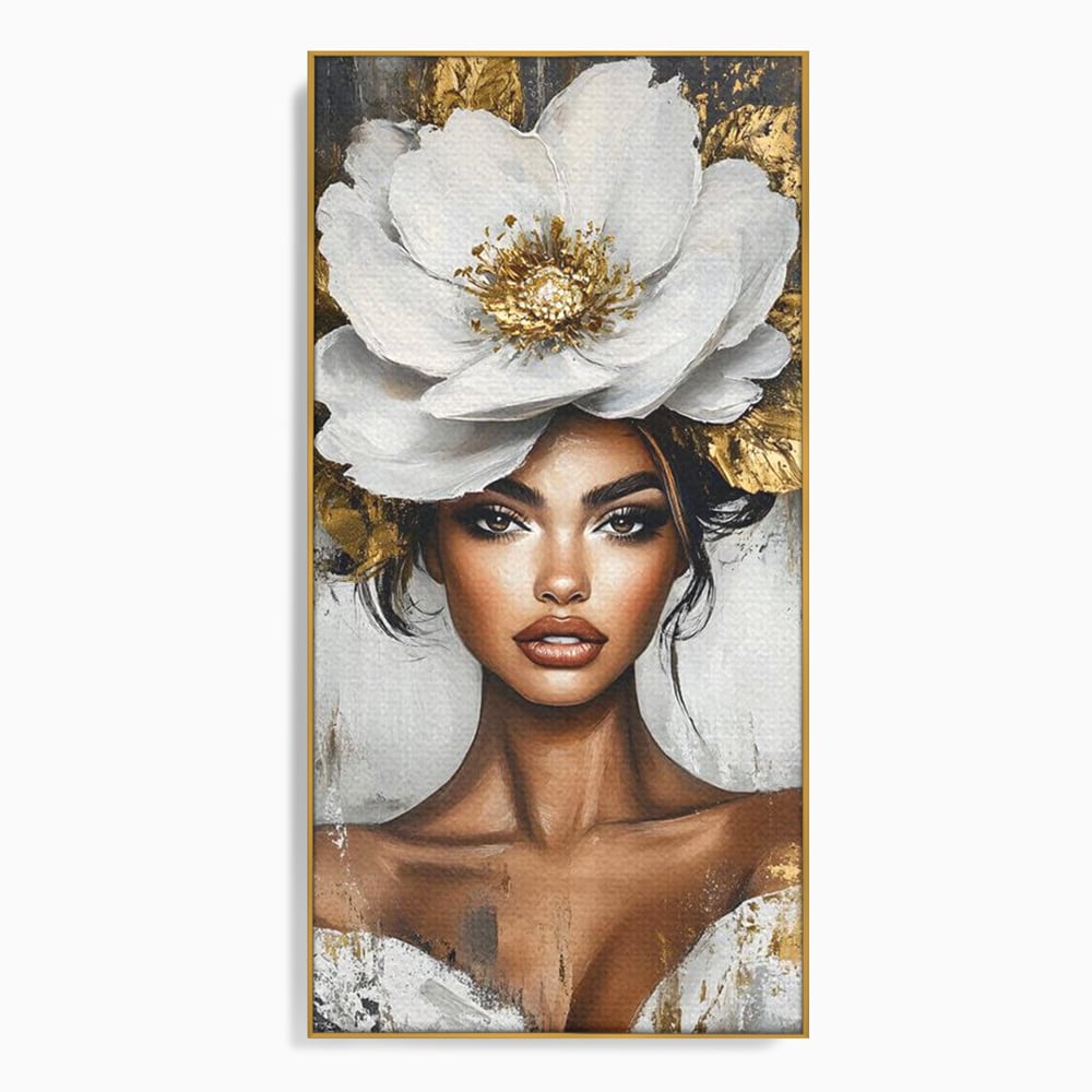 Tablou canvas cu tablou canvas cu portret de femeie si floare, in rama de aluminiu auriu