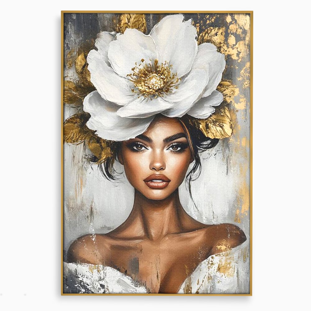Tablou canvas cu tablou canvas cu portret de femeie si floare, in rama de aluminiu auriu