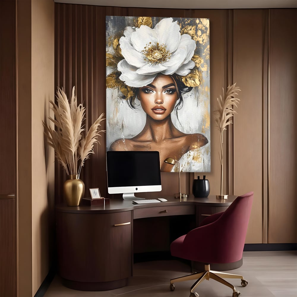 Tablou canvas cu tablou canvas cu portret de femeie si floare, fara rama, pe sasiu de lemn, pe perete intr-un birou