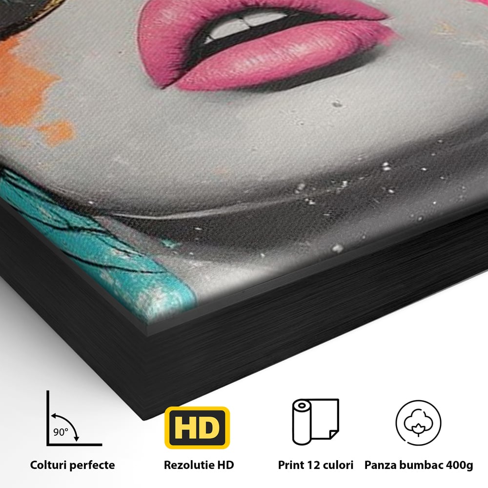 Detaliu al suprafetei: tablou canvas cu ochelari de soare si buze roz, in rama de aluminiu negru