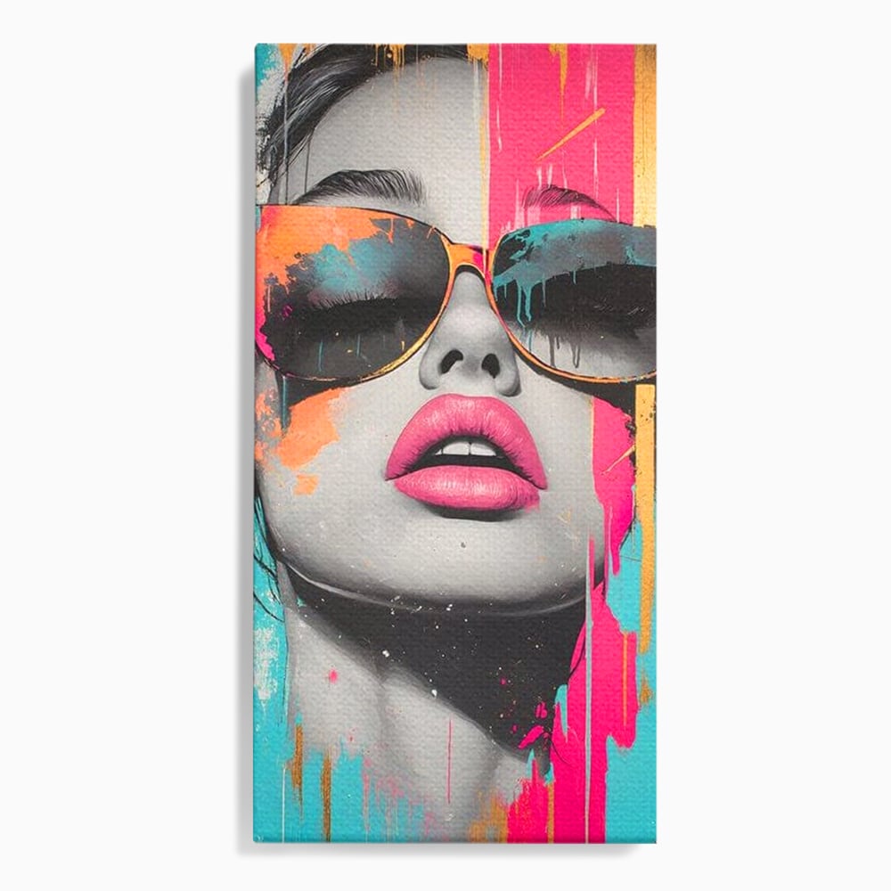 Tablou canvas cu tablou canvas cu ochelari de soare si buze roz, fara rama, pe sasiu de lemn