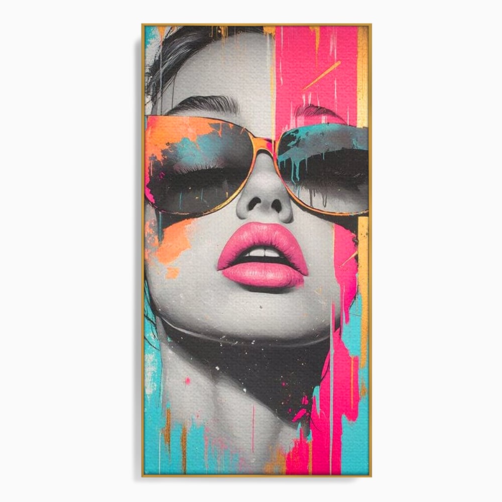 Tablou canvas cu tablou canvas cu ochelari de soare si buze roz, in rama de aluminiu auriu