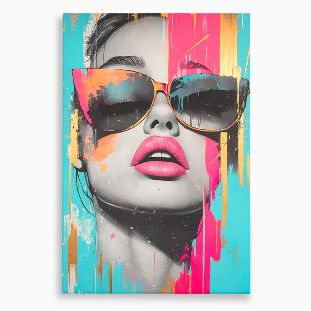 Tablou canvas cu tablou canvas cu ochelari de soare si buze roz, fara rama, pe sasiu de lemn