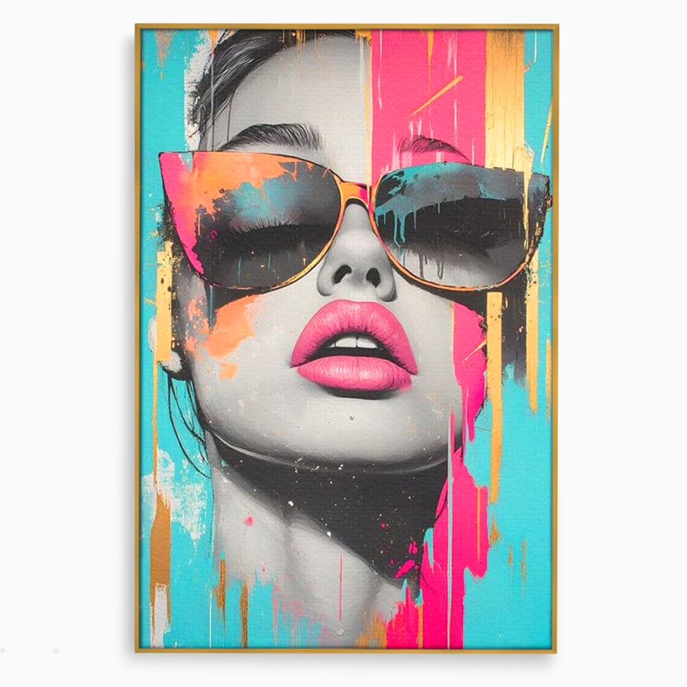 Tablou canvas cu tablou canvas cu ochelari de soare si buze roz, in rama de aluminiu auriu