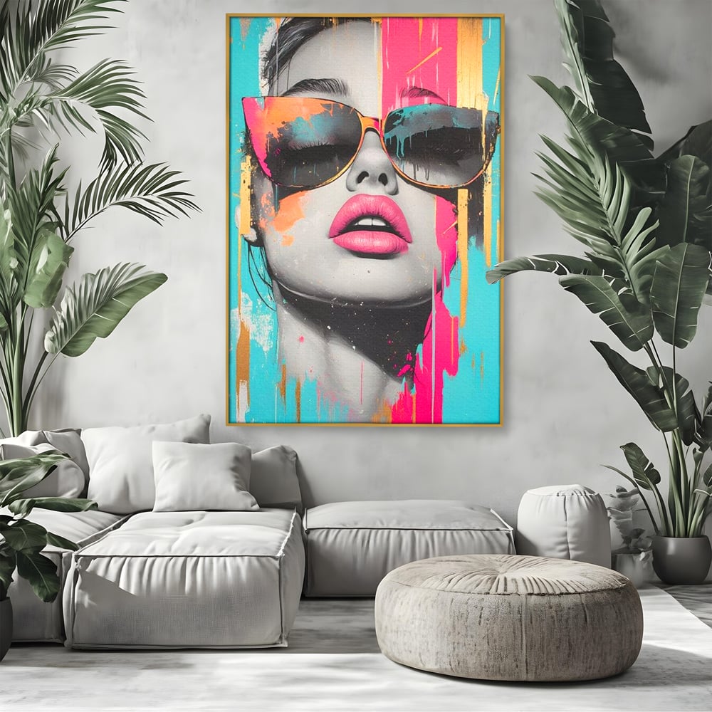 Tablou canvas cu tablou canvas cu ochelari de soare si buze roz, in rama de aluminiu auriu, pe perete intr-un living