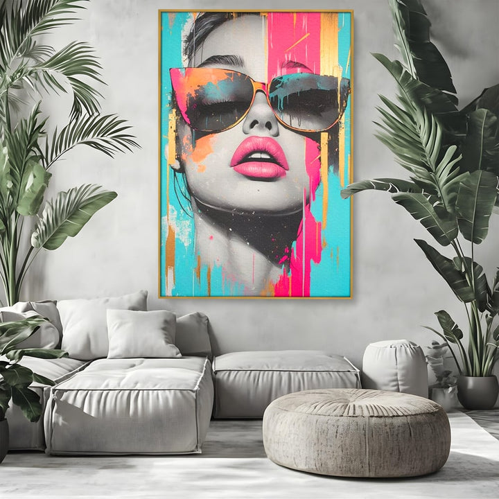 Tablou canvas cu tablou canvas cu ochelari de soare si buze roz, in rama de aluminiu auriu, pe perete intr-un living