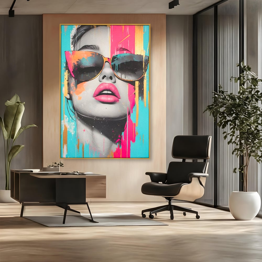 Tablou canvas cu tablou canvas cu ochelari de soare si buze roz, in rama de aluminiu auriu, pe perete intr-un birou