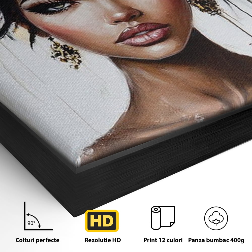 Detaliu al suprafetei: tablou canvas cu portret feminin si floare, in rama de aluminiu negru