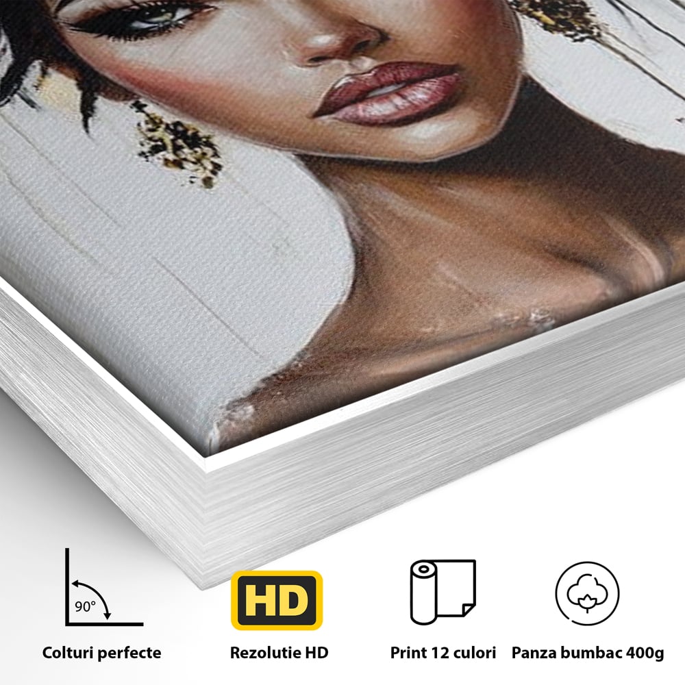 Detaliu al suprafetei: tablou canvas cu portret feminin si floare, in rama de aluminiu argintiu