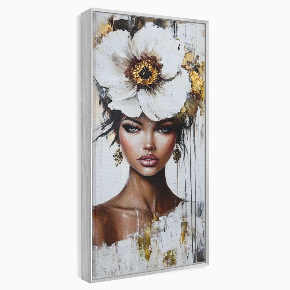 Tablou canvas cu tablou canvas cu portret feminin si floare, in rama de aluminiu argintiu