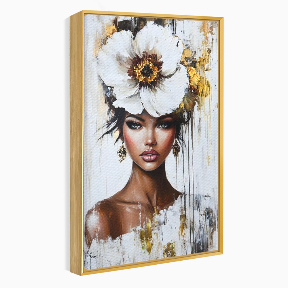 Tablou canvas cu tablou canvas cu portret feminin si floare, in rama de aluminiu auriu