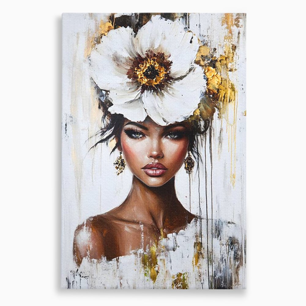 Tablou canvas cu tablou canvas cu portret feminin si floare, fara rama, pe sasiu de lemn