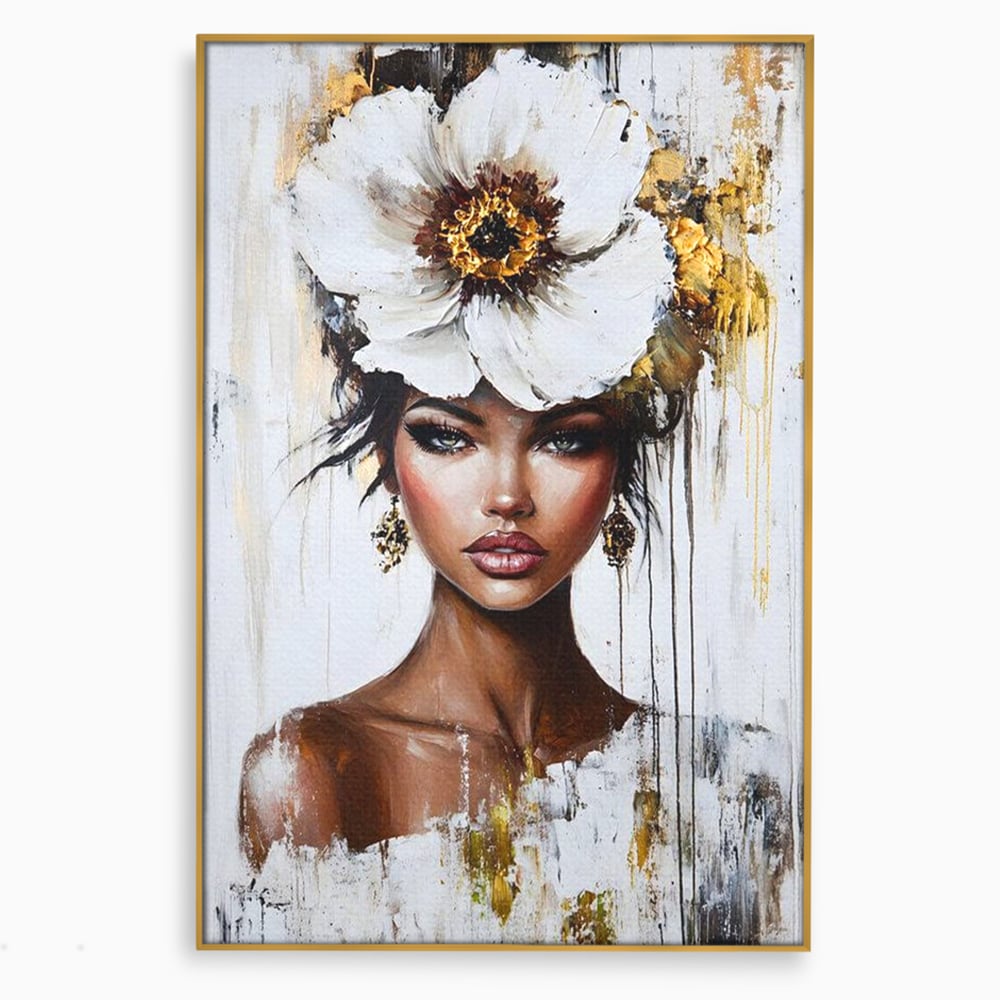 Tablou canvas cu tablou canvas cu portret feminin si floare, in rama de aluminiu auriu