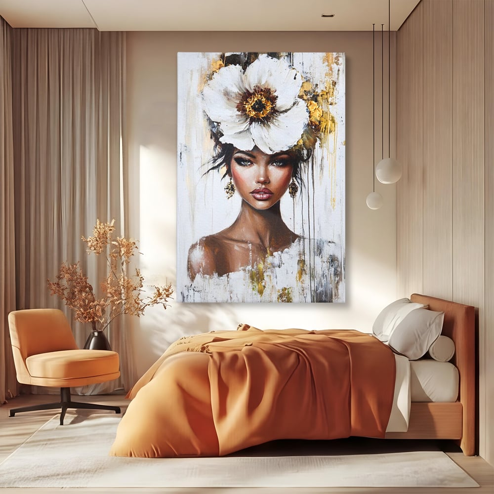 Tablou canvas cu tablou canvas cu portret feminin si floare, fara rama, pe sasiu de lemn, pe perete intr-un dormitor