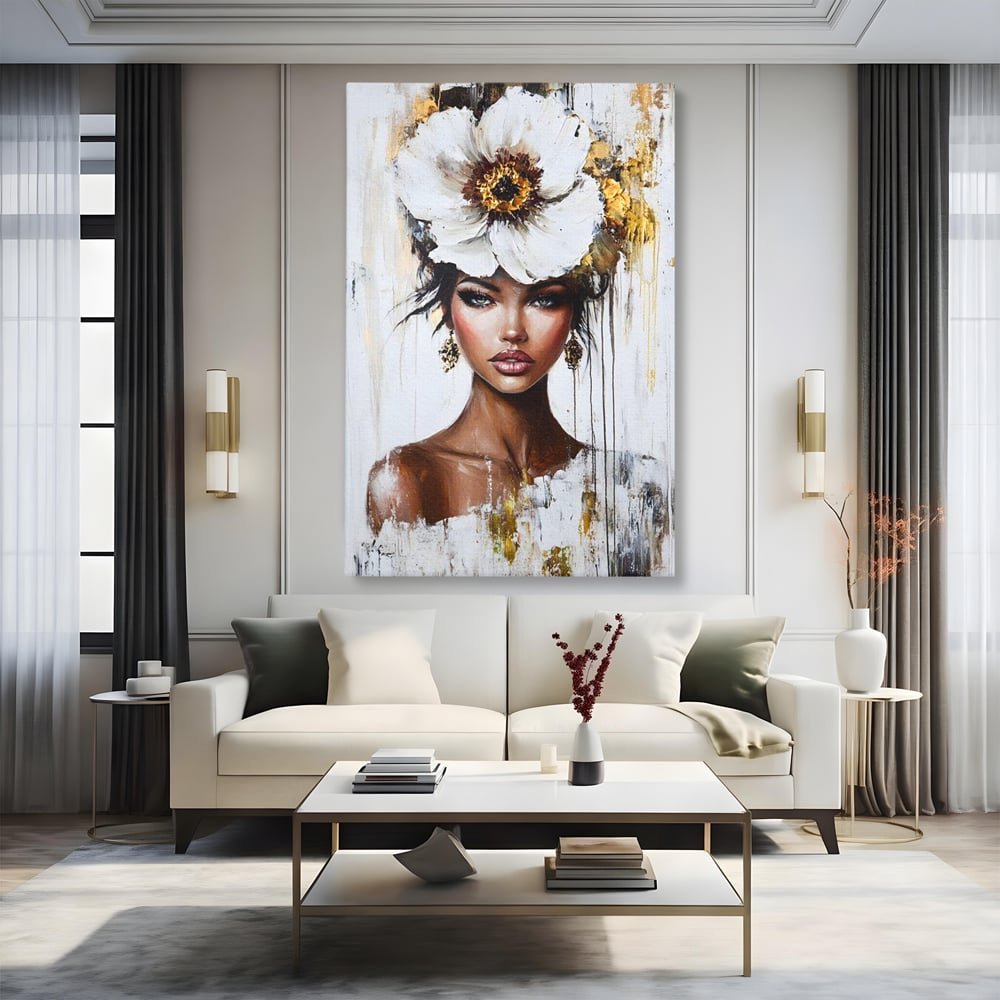Tablou canvas cu tablou canvas cu portret feminin si floare, fara rama, pe sasiu de lemn, pe perete intr-un living