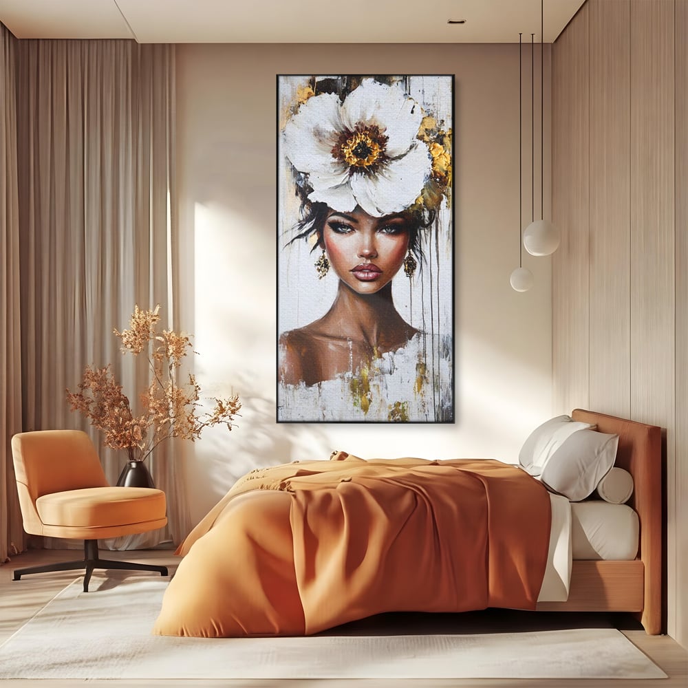 Tablou canvas cu tablou canvas cu portret feminin si floare, in rama de aluminiu negru, pe perete intr-un dormitor