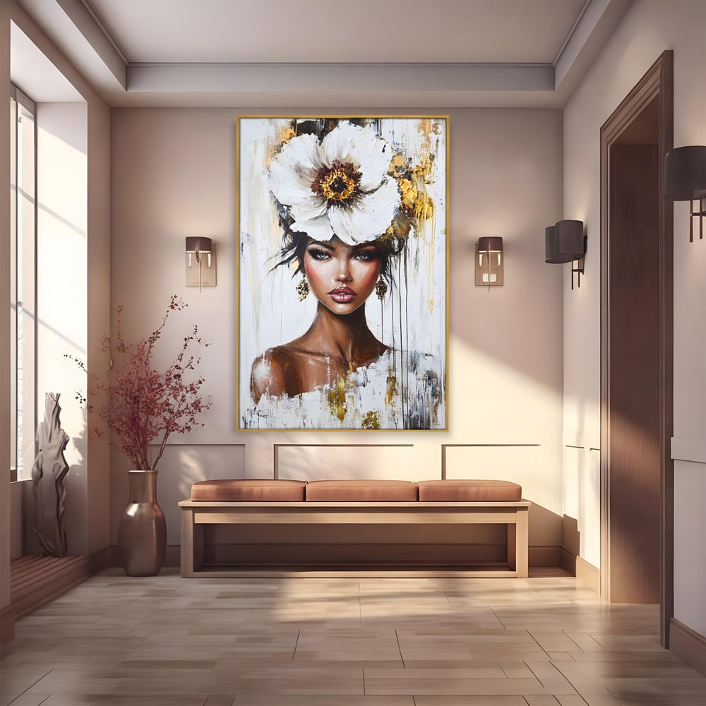 Tablou canvas cu tablou canvas cu portret feminin si floare, in rama de aluminiu auriu
