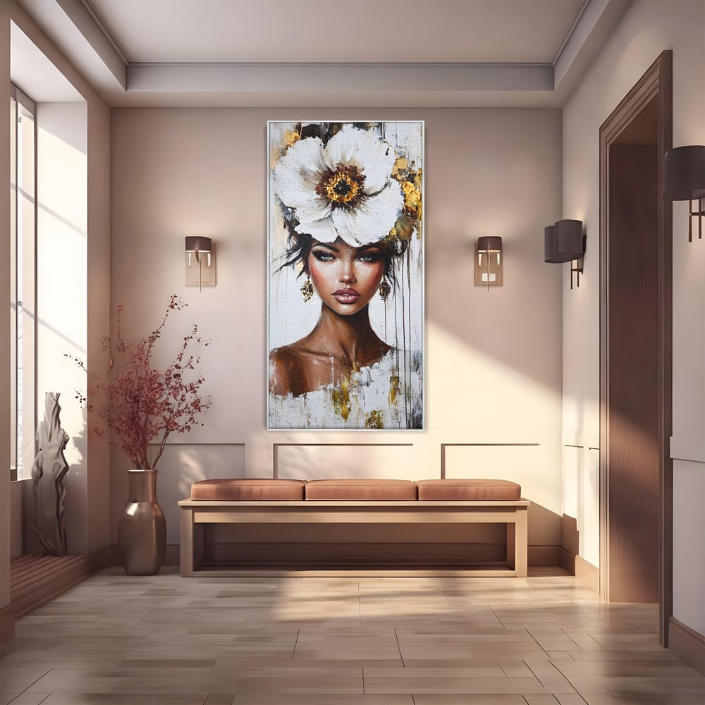 Tablou canvas cu tablou canvas cu portret feminin si floare, in rama de aluminiu argintiu