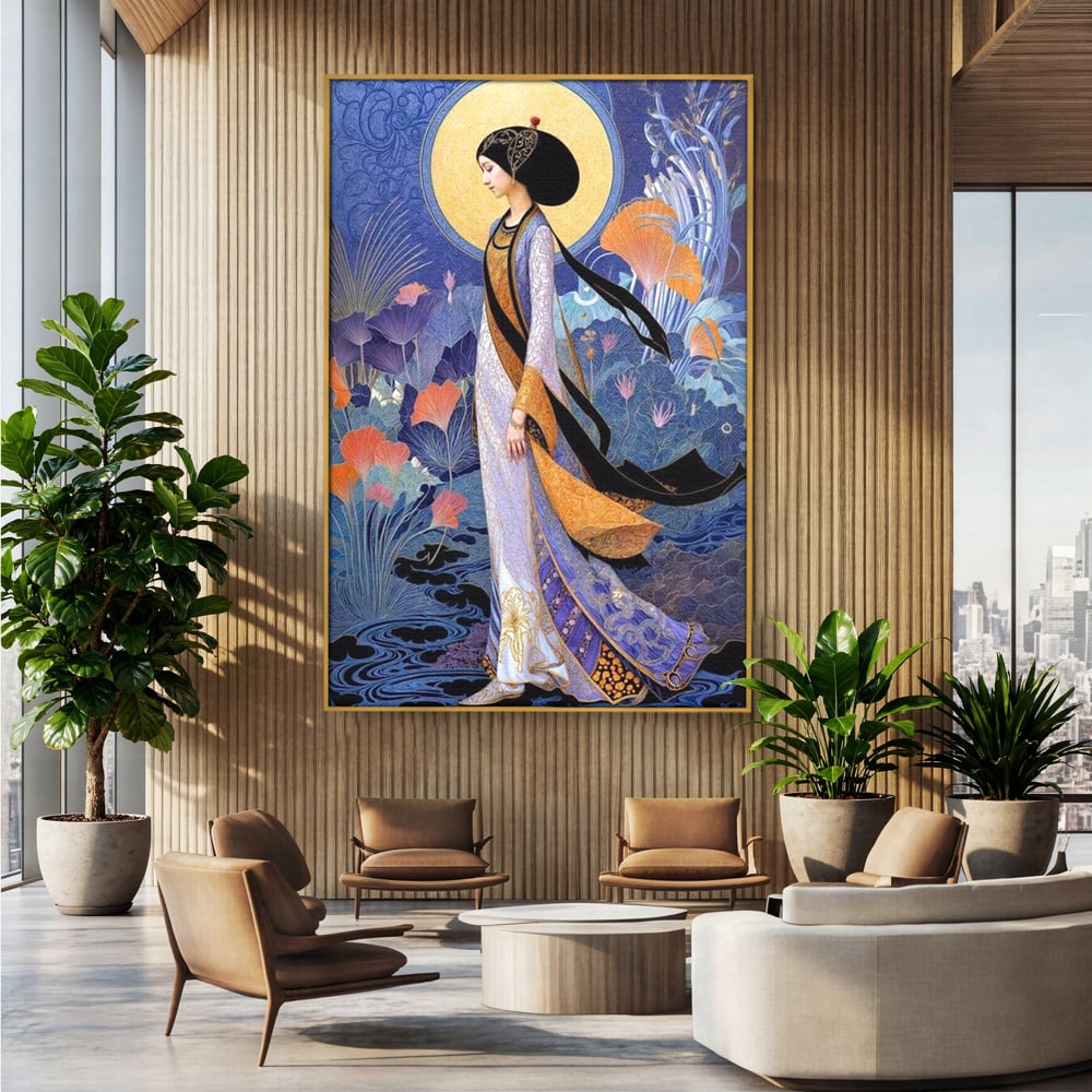 Tablou canvas cu tablou canvas cu regina in stil art nouveau, in rama de aluminiu auriu, pe perete intr-un birou