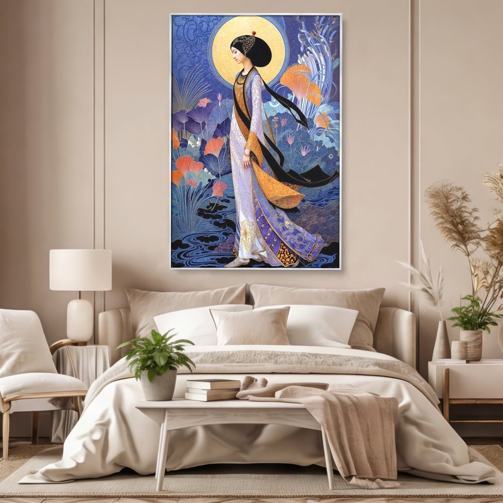 Tablou canvas cu tablou canvas cu regina in stil art nouveau, in rama de aluminiu argintiu, pe perete intr-un dormitor