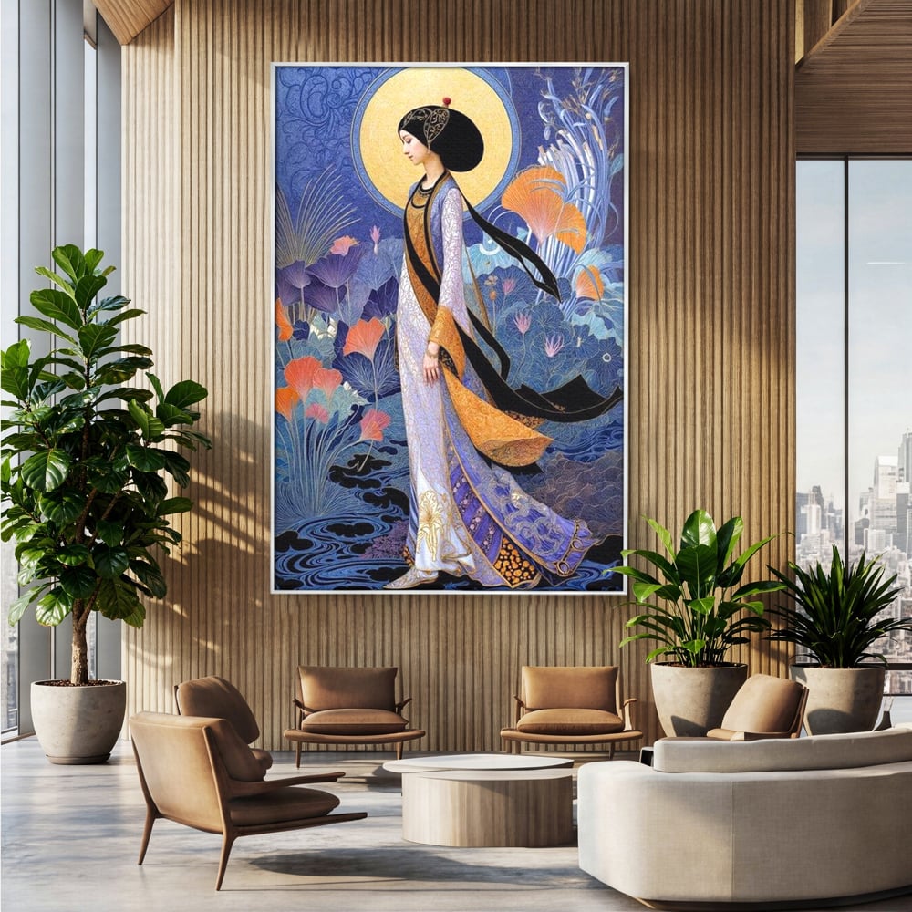 Tablou canvas cu tablou canvas cu regina in stil art nouveau, in rama de aluminiu argintiu, pe perete intr-un birou